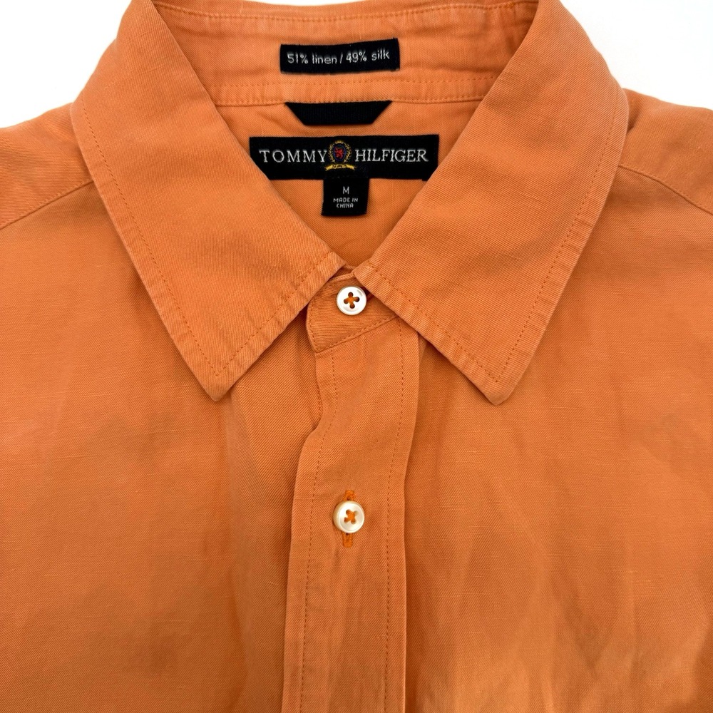 Tommy Hilfiger Men's Short Sleeve Silk Linen Blend Solid Orange M Button Up